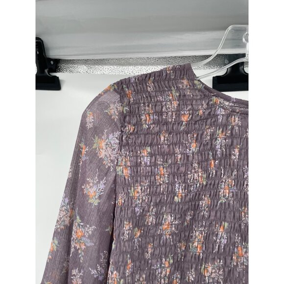 American Eagle Floral Sheer Blouse Smocked Long Flare Sleeve Violet/Multi Small - Picture 5 of 9